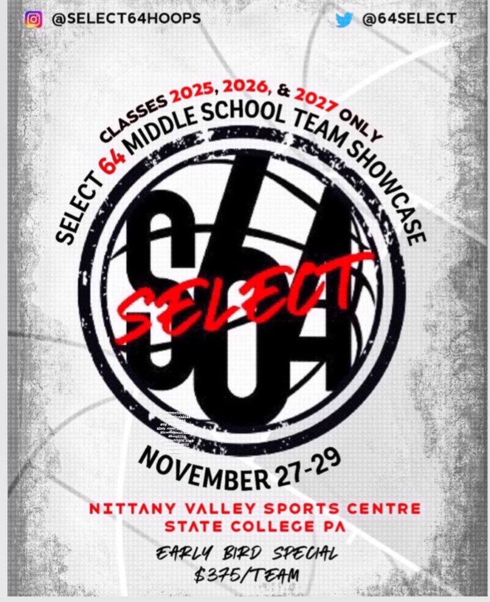 NYGHoops's tweet photo. 2020 #Select64 
Middle School Team Showcase 

📅 : NOV 27-29  
📍 : State College, PA 
🧮 : teams 2025-2027 
💻 : https://t.co/h11O6Mp3JK (REG). https://t.co/i0nf3zWAiy
