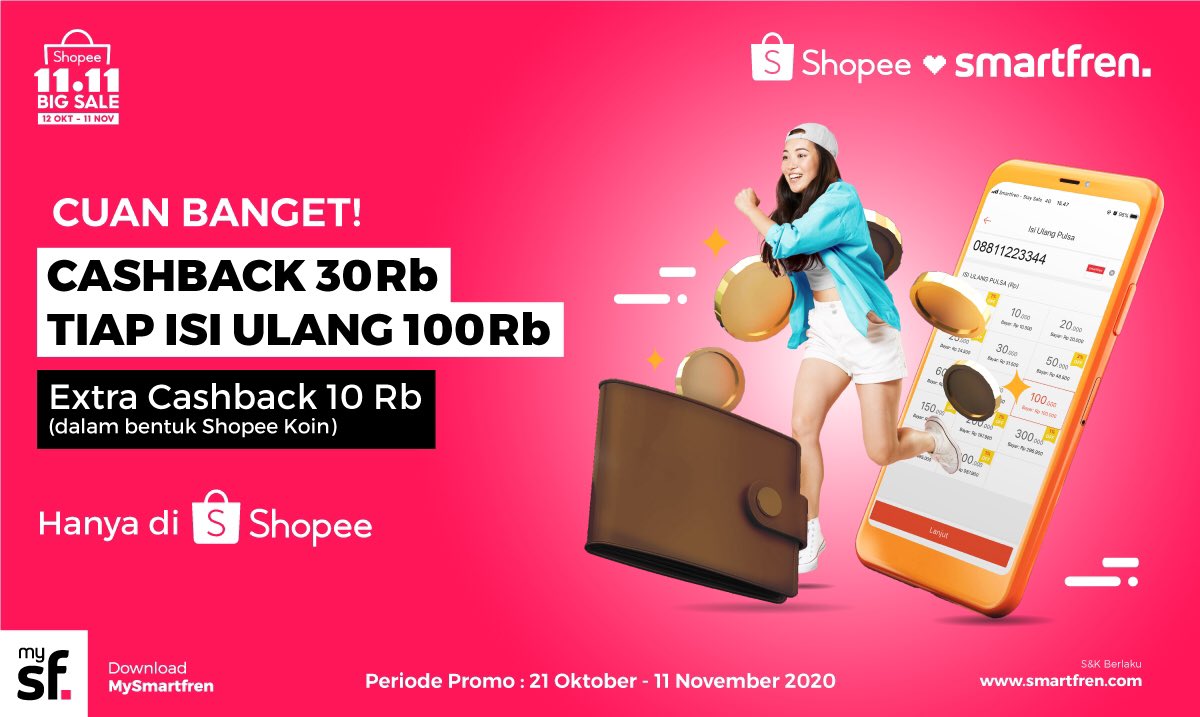 smartfrencare's tweet photo. YUHUUUYYY😍

@ShopeeID CASHBACK diperpanjang!

Yuk, isi ulang pulsa atau paket data 100 RB buat dapetin CASHBACK 30 RB dan EXTRA CASHBACK 10 RB berupa Shopee Koin! Mantap banget kan? 

Cek infonya disini :  https://t.co/qnDTDkKRaC https://t.co/AuRwNA8tSY