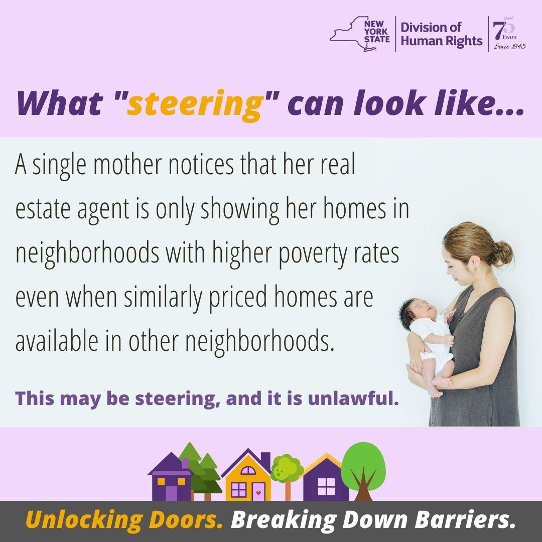 NYSHumanRights's tweet image. It may be difficult sometimes to identify when steering is taking place. This is just one example of what steering can look like in action. 

Call 844-862-8703 or visit dhr.ny.gov/fairhousing for more information. 

#fairhousingmattersny #unlockingdoors #breakingdownbarriers
