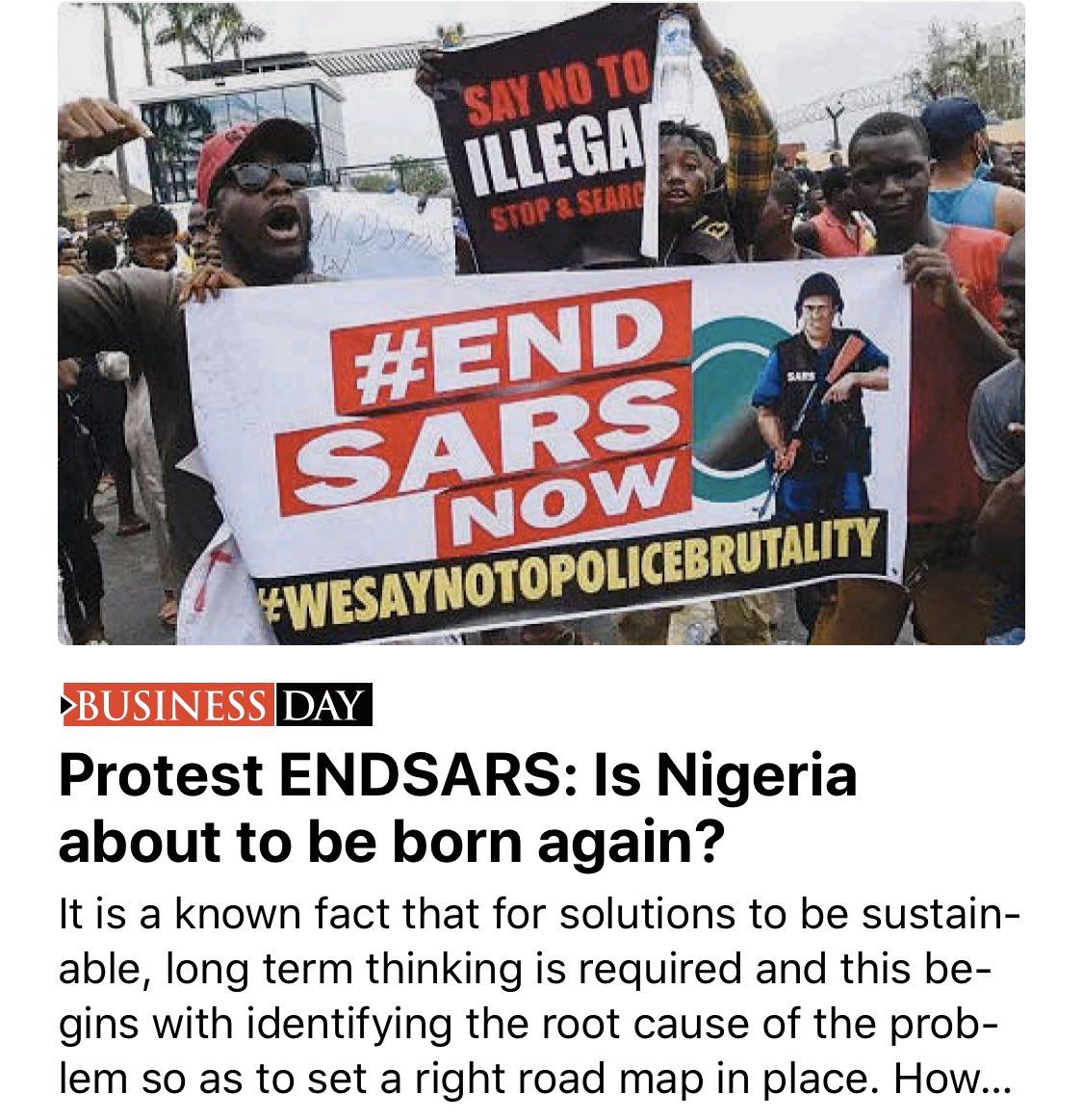 TYSustainable's tweet photo. As we mourn those who died, we pray that their blood will not flow in vain, that we shall indeed see the birth of a nation to all be proud of. 

Please pick up yesterday’s BusinessDay to read a feature by yours truly on pg 27 - Protest #EndSARS, Is Nigeria about to be Born Again? https://t.co/AJdGn3o590