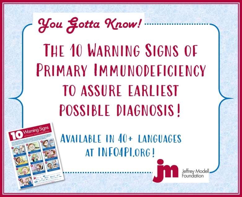 The 10 Warning Signs were created to educate the world about #PrimaryImmunodeficiency and assure earliest possible diagnosis. 

info4pi.org/library/educat…
 
#YouGottaKnow #info4pi #JeffreyModellFoundation #Health #sicktoomuch #WarningSigns #healtheducation