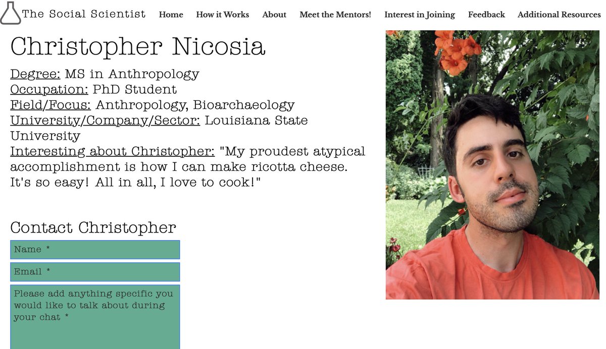TheSocScientist's tweet photo. We are excited to introduce new #mentor Christopher Nicosia! Christopher is a #PhD student studying #anthropology @LSU "the self-exploration process early on in my career was imperative in why I want to become a #bioarchaeologist"
https://t.co/67gVTomFTg
#STEMeducation https://t.co/bYn2V4ESVJ