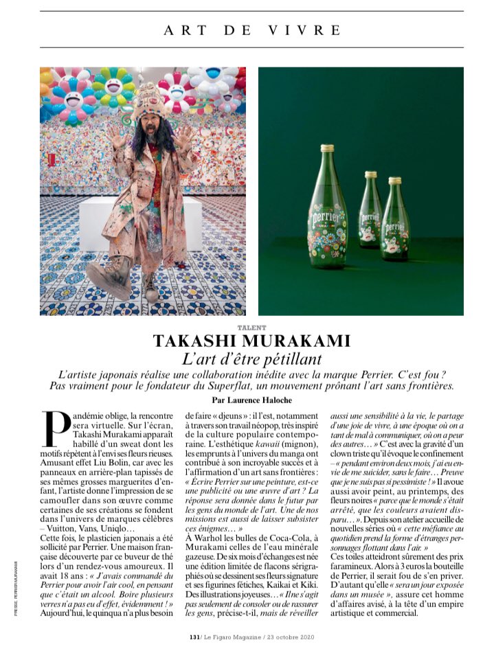 pcordina's tweet photo. La collaboration PERRIER x MURAKAMI est à retrouver aujourd'hui en pleine page dans Le Figaro Magazine et sur Le https://t.co/aRcWexGBHn : https://t.co/mkATZ0b8iH #PERRIER #PERRIERxMURAKAMI @perrier @PerrierFr https://t.co/OnrneaYljZ