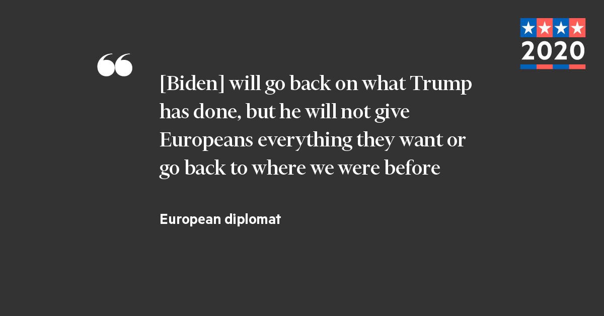 But even if a Biden administration adopts a markedly different tone to Donald Trump’s, some US allies aren’t convinced that it will lead to much change, especially regarding Russia and Iran — where the US and Europe are less aligned  https://www.ft.com/content/dc11d51e-71bb-46ac-9dfb-6e2b5f43b45