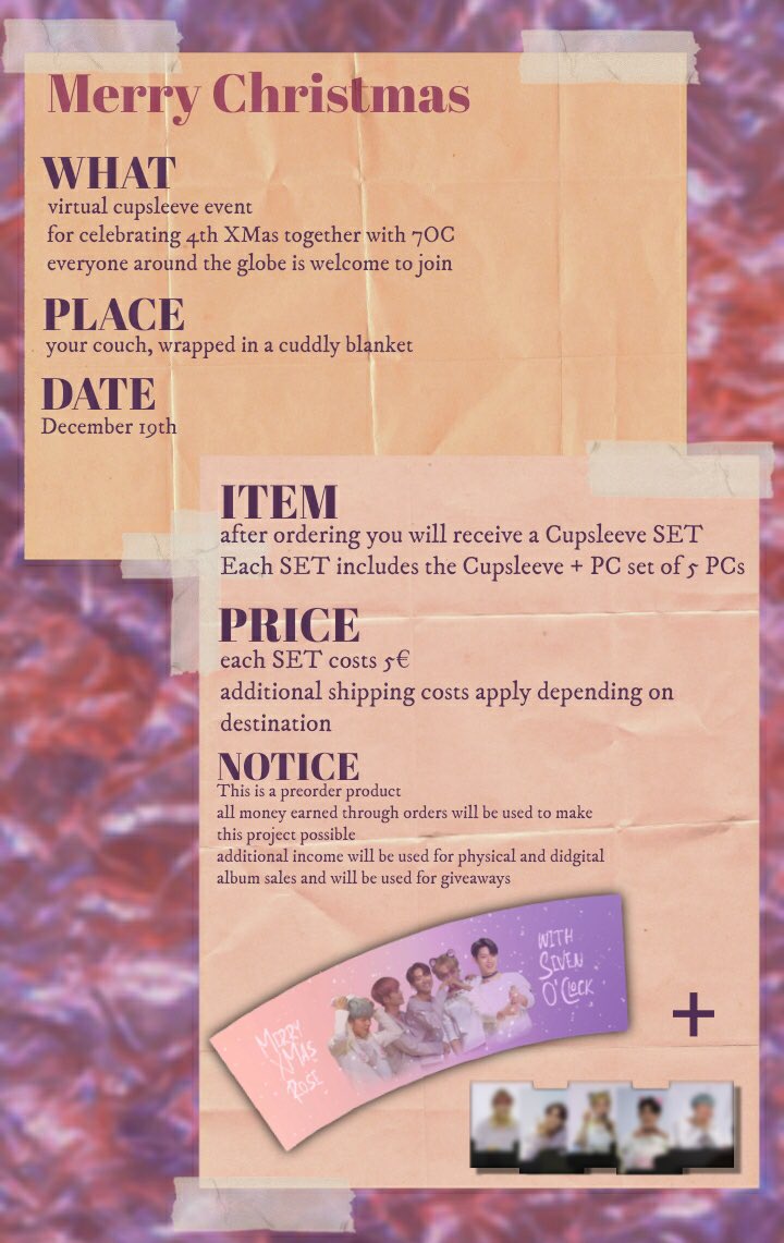 7ocFrance's tweet image. Hi ROSEs!!
So @7OC_Germany are holding an international cupsleeve event during the Christmas days for all of ROSEs around the world being able to participate.
For any questions or group orders inquiries go dm them!

Please join if you can ❤️

#세븐어클락 #SEVENOCLOCK