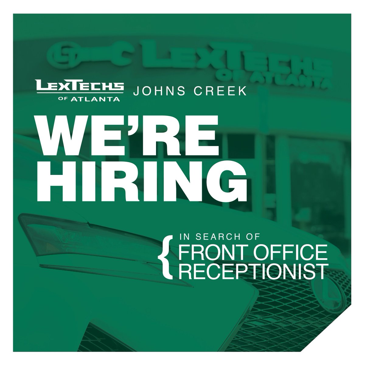 LexTechsOfATL's tweet image. Just letting everyone know that we are currently looking for a full-time Front Office Receptionist at our Johns Creek location. Click below to learn more and apply online.
indeed.com/m/viewjob?jk=8…
#nowhiring #newjob #jointheteam