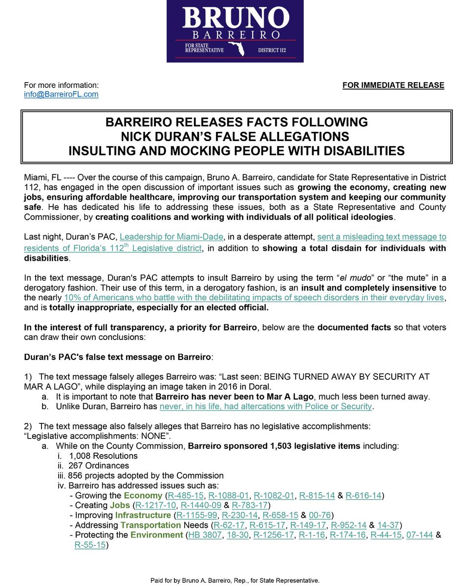 BarreiroFL's tweet photo. FOR IMMEDIATE RELEASE: Barreiro Releases Facts Following Nick Duran's False Allegations Insulting And Mocking People With Disabilities 

SEE ALL DOCUMENTS LINKED HERE: https://t.co/alo1nEDEzq

#FL112 #CoralGables #KeyBiscayne #Miami @MiamiHerald @wsvn @WPLGLocal10 @CBSMiami @nbc6 https://t.co/R1m4HIT8av