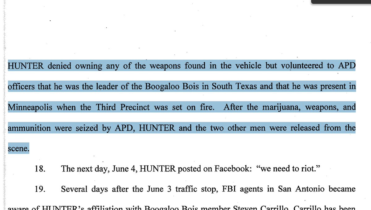A few days after the riots in Mpls, police in Austin, TX saw Hunter and 2 armes men climb into a truck outside protests there. They found AK-47s, AR-15s in car, and Hunter wore loaded mags on his vest. They let them go and Hunter, for some reason, told them this: