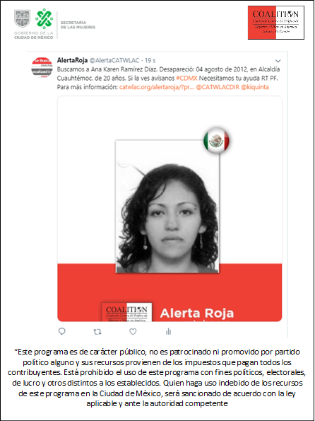 Buscamos aAna Karen Ramírez Díaz. Desapareció: 04 agosto de 2012, en la Alcaldía Venustiano Carranza, Cd Mex, a la edad de 20 años.  Si la ves avísanos #CDMX Necesitamos tu ayuda RT PF Para más información:  catwlac.org/alertaroja/?pr… <a href="/CATWLACDIR/">CATWLAC</a>