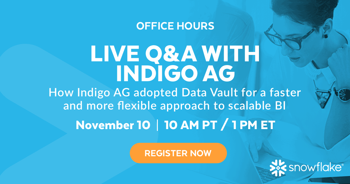 KentGraziano's tweet photo. Want to hear from a customer about doing #DataVault on @SnowflakeDB  I will be the moderator for our upcoming #OfficeHours session with @VDurgin from @Indigoag https://t.co/jQCiCQxiCA #SustainableFarming #AgileDataModeling #DataCloud #DataScience https://t.co/bdnlMyOIXZ