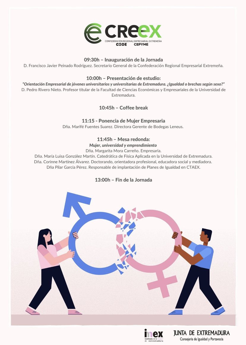 CosladoPilar's tweet image. 🙋‍♀️¡Atención! Jornada de Igualdad: “Fortaleciendo la gestión y sostenibilidad de las empresas: la igualdad de oportunidades como factor estratégico y calidad." 

🔰 Miércoles 28 en las instalaciones de CREEX, y online Youtube: CREEX TV
Inscripciones 👉 forms.gle/xuEGNmjnQdtfyV…