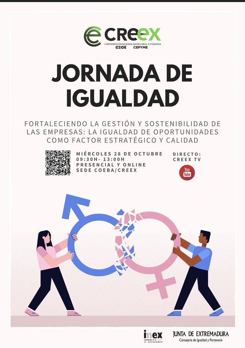 CosladoPilar's tweet image. 🙋‍♀️¡Atención! Jornada de Igualdad: “Fortaleciendo la gestión y sostenibilidad de las empresas: la igualdad de oportunidades como factor estratégico y calidad." 

🔰 Miércoles 28 en las instalaciones de CREEX, y online Youtube: CREEX TV
Inscripciones 👉 forms.gle/xuEGNmjnQdtfyV…