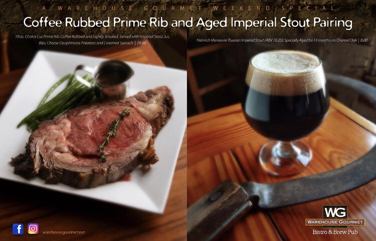 Coffee rubbed prime rib and oak aged Heinrich Maneuver Russian Imperial Stout are featured tonight, starting at 4:00!