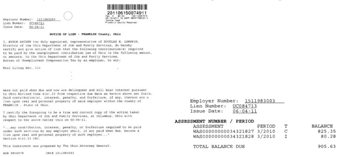 A $905.63 BES lien was filed against Real Living HER, LLC in June 2011