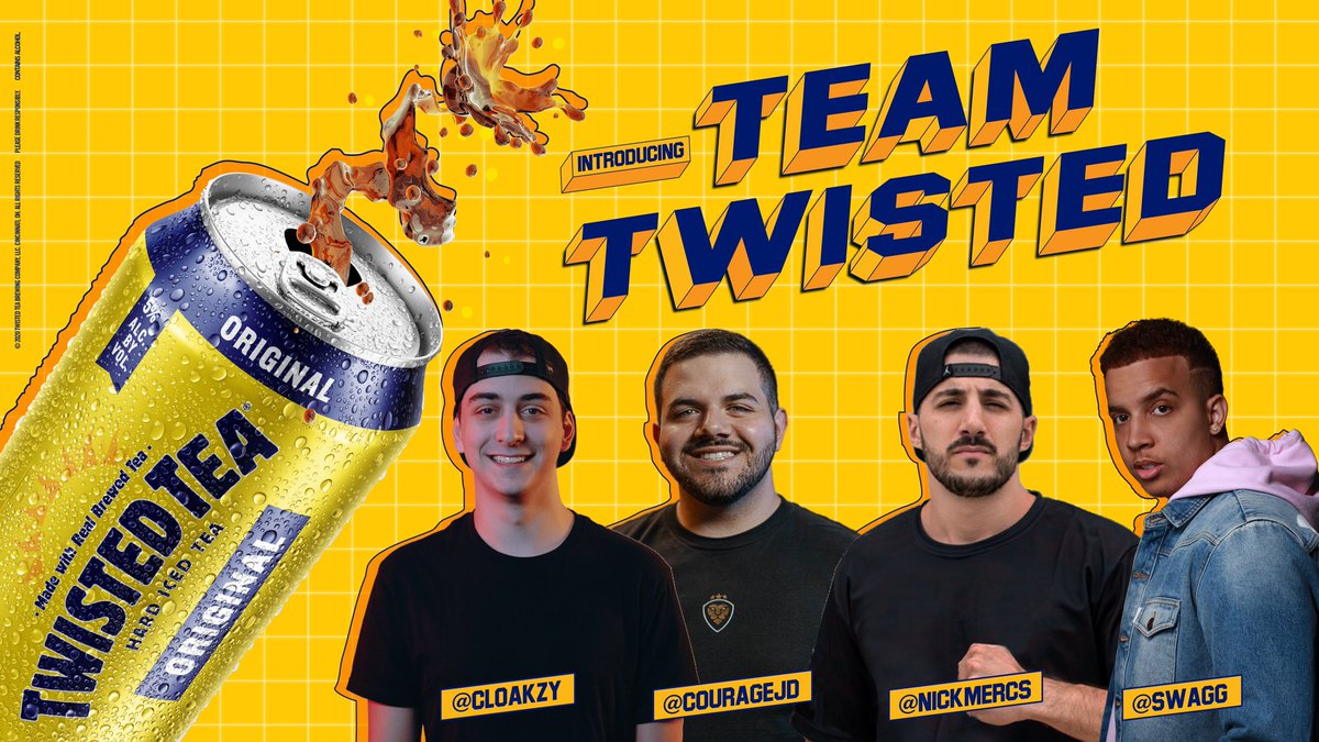 TwistedTea's tweet photo. Introducing TEAM TWISTED: @CouRageJD @NICKMERCS @cloakzy @Swagg 🔥

To celebrate, we’re giving away a Twisted Tea Mini Fridge to bring your gaming setup to the next level. Follow us and enter here for a chance to win:
https://t.co/F4jH6K2Zk6 https://t.co/dQERuakf3B