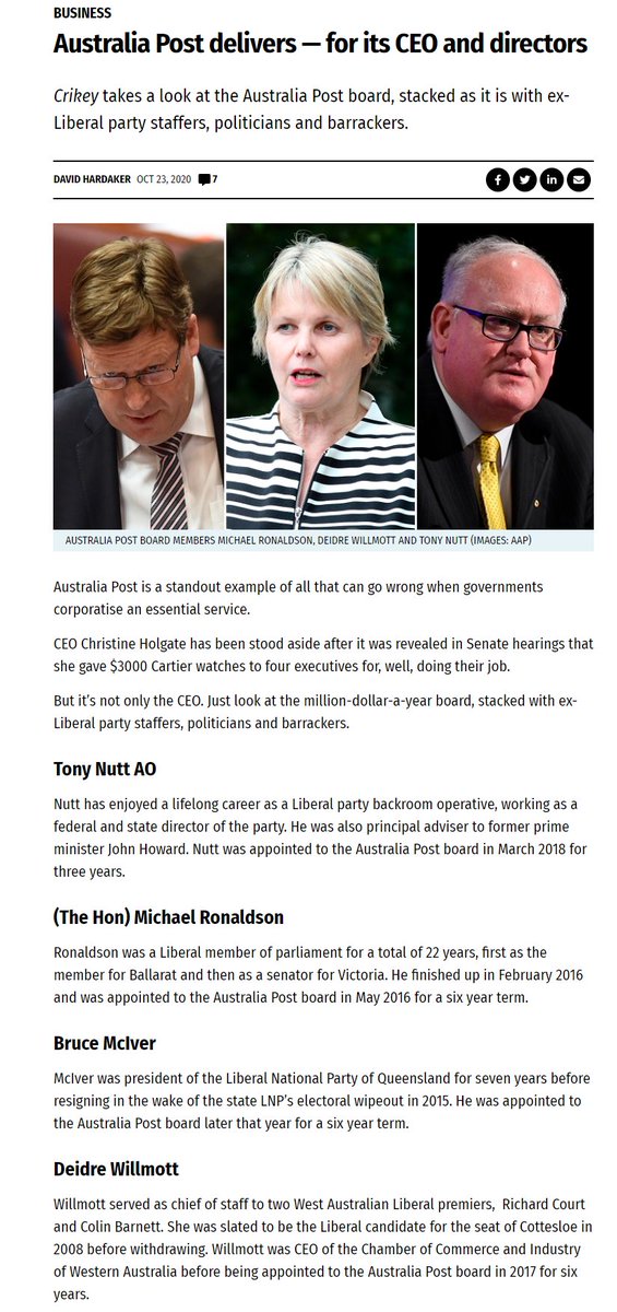 LyndaFrench19's tweet photo. Liberals #StackingtheBoards 
#AustraliaPost delivers — for its CEO and directors
Crikey takes a look at the Australia Post board, stacked as it is with ex-Liberal party staffers, politicians and barrackers.

https://t.co/SUzhjtiUGN
Are Liberal Party Getting kick Backs? https://t.co/zZBON2Y5jK