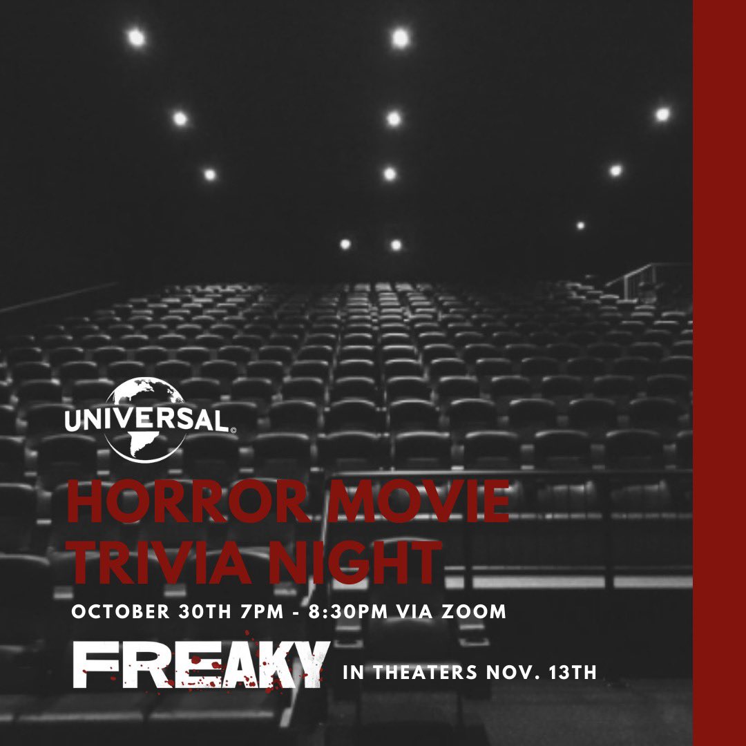 famuniversal's tweet photo. WE’RE BACK! Join @famuniversal and FAMU Housing next Friday night for a #FREAKY night of Horror Movie Trivia in preparation for #freakymovie coming out Nov. 13th. The winners will be sent a Universal Prize Pack! The first 20 registrations will get their own trivia night gift bag! https://t.co/w8OIU6pRNq