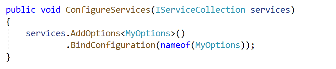 davidfowl's tweet photo. New .NET 5 feature (which was a contribution!), the ability to bind options from configuration without explicitly passing the IConfiguration #dotnet #aspnetcore https://t.co/bS9tZK9x2v