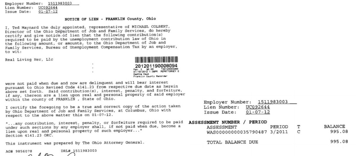 A $995.08 BES lien filed against Real Living HER, LLC in January 2012