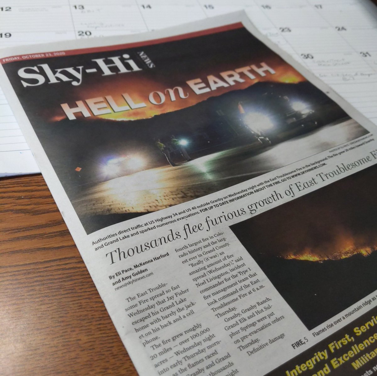 _AmyLovatt's tweet photo. Yesterday, under pre-evacuation orders, the three person newsroom at Sky-Hi News put together today's newspaper as our friends and neighbors evacuated, or waited to here about their homes, or fought the #EastTrobulesomeFire themselves.

This is what community journalism is. https://t.co/iGEkYh6ksV