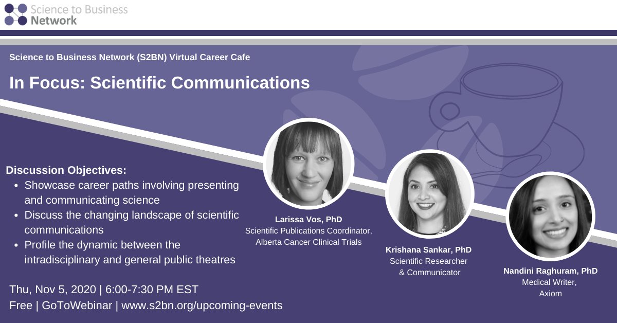 The S2BN invites you to join us in an engaging discussion on careers in scientific communications. Join us virtually on Monday, November 5th from 6:00 - 7:30 pm EDT.

Register here: bit.ly/31CDzro

#BridgeTheGap #ScientificCommunication #MedicalWriter