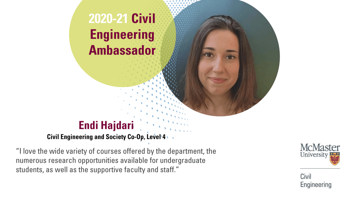 MacCivEng's tweet photo. Meet Endi Hajdari, a Civil Engineering &amp; Society student! #MacCivEngAmbassador

"I chose Civil Engineering as it is a diverse and hands-on profession that offers a wide range of postgraduate opportunities across various disciplines." https://t.co/f8qvvEMRPh