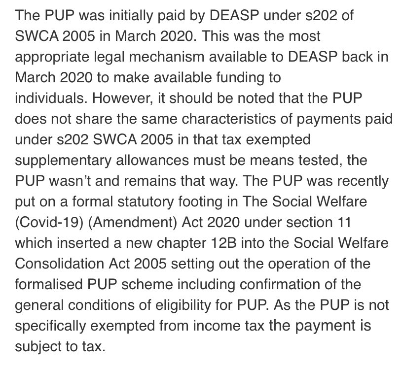 A similar position came from the Revenue Commissioners when we asked about it previously.Basically both the taxman and the Government say: the PUP was a Section 202 payment in practice, but not in spirit.