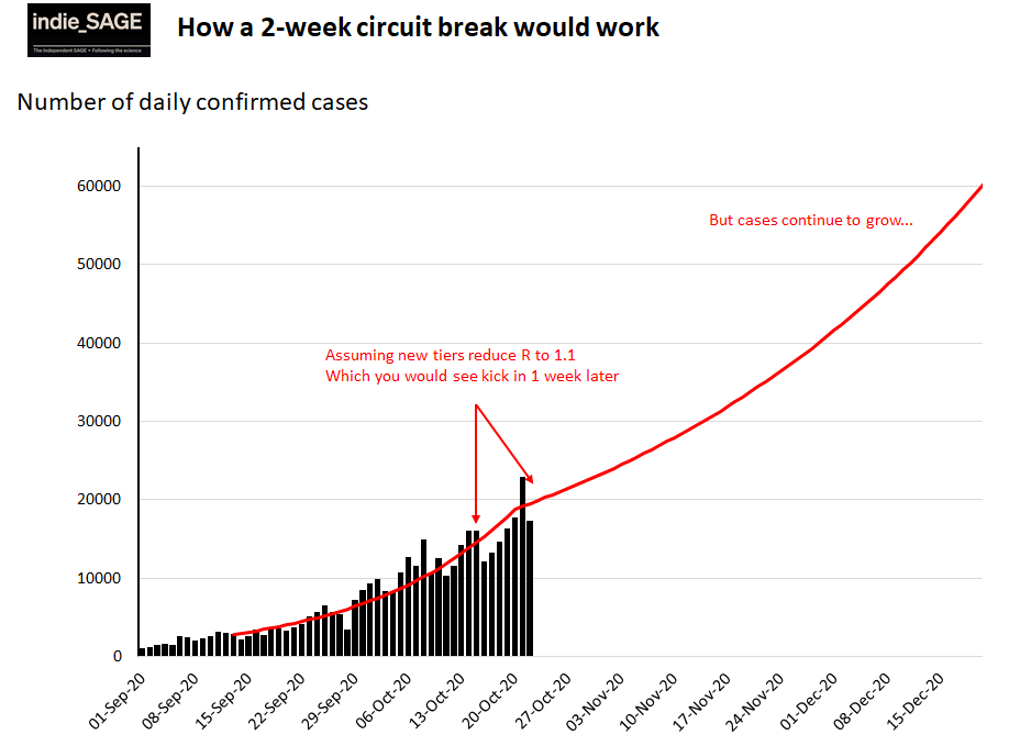 This just projecting exponential growth onto current confirmed cases in England over next 8 weeks. Assuming tiers reduce R to 1.1, this will slow growth but it is still growing. Even if R goes to 1, that will maintain high persistent level. Few believe they will bring R below 1.