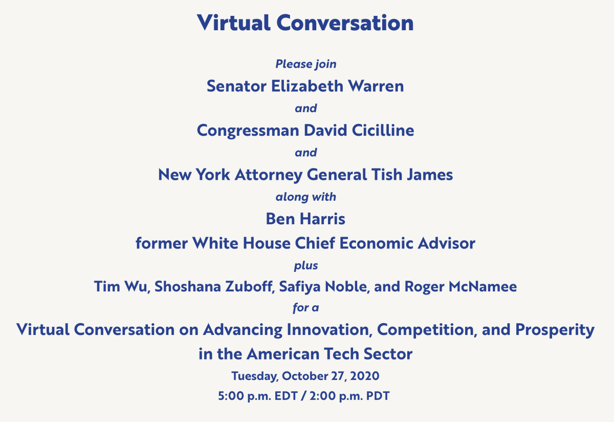 Invitation to a virtual Biden event with Warren, a congressman, NY attorney general, former economic advisor, and a bunch of academics/lawyers to talk about advancing innovation in the American tech sector