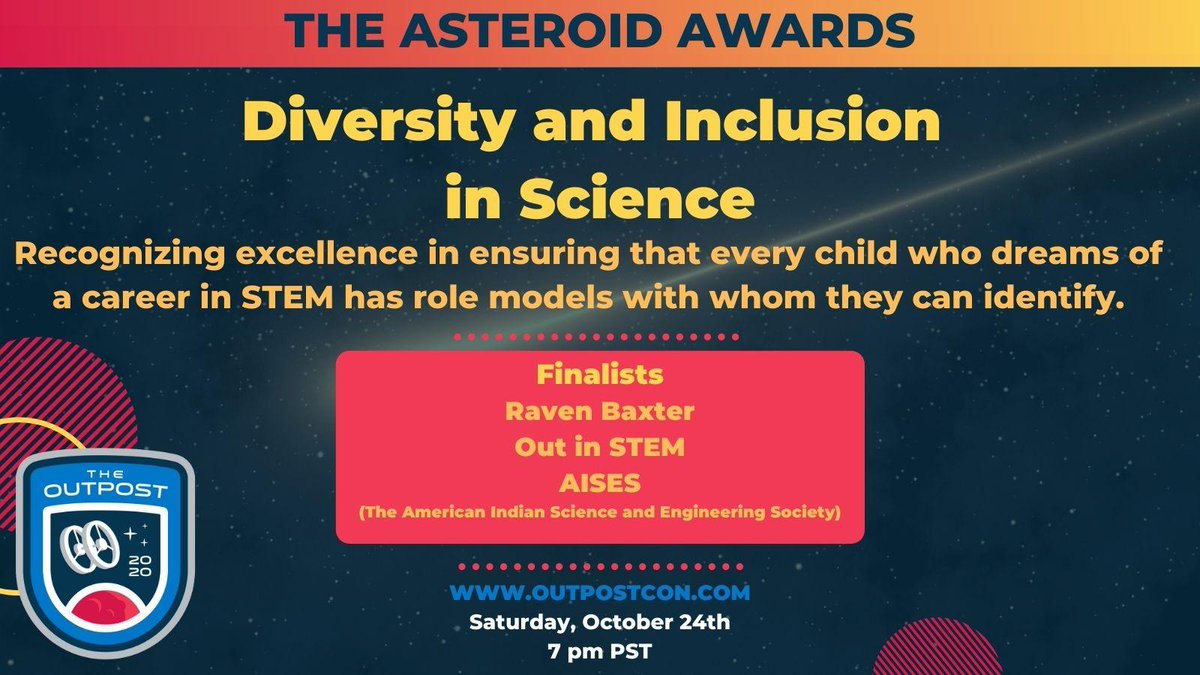 BrianDunning's tweet photo. So proud to be giving out the inaugural #AsteroidAwards at #Outpost2020 on Oct 24. Nominees for "Award for Diversity & Inclusion in Scicomm" are @AISES, @ravenscimaven, & @OUTinSTEM. All deserve to win, but only one can. https://t.co/1K45xJsDQw https://t.co/mPeg4TD5st