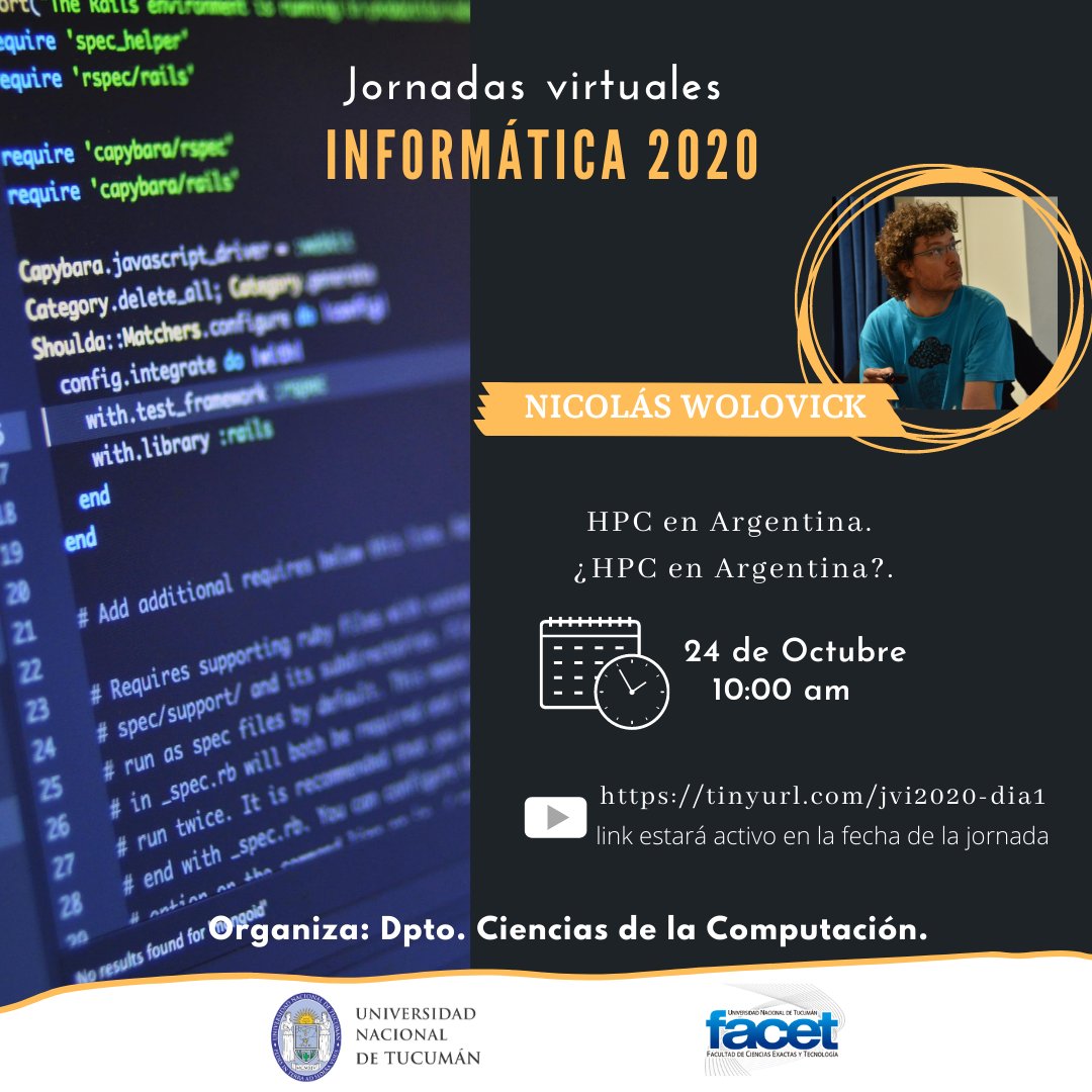 UntInformatica's tweet photo. Querés saber sobre Computación de Alto Desempeño en Argentina? @nwolovick se suma a las jornadas de informática de la FACET para hablar de #HPC #HPCenArgentina https://t.co/fCL4BjAL5e