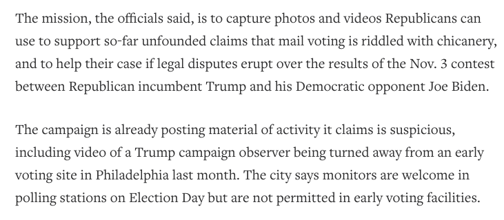 6/ But  @JarrettRenshaw and  @JTanfani report the "Army for Trump" is being trained to capture photos and videos and to produce "evidence" to support "unfounded claims that mail voting is riddled with chicanery and to help their case if legal disputes erupt over the results..."