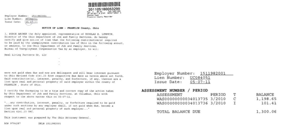 In May 2011, a $1,300.06 BES lien was filed against Real Living Partners GC, LLC