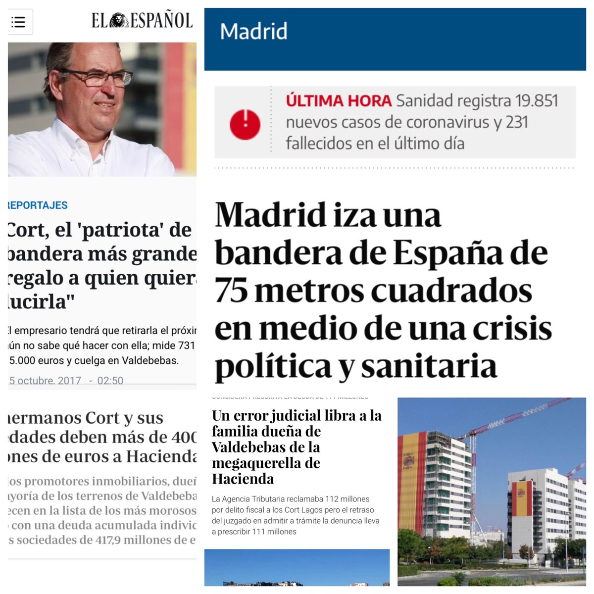 franciscomore13's tweet photo. 🔴Historia #BanderaValdebebas y dueños Cort:
✏️2017 C.Cort coloca bandera+grande
✏️2018 Los Cort y sociedades deben+400Mill€ hacienda
✏️2018 @ComunidadMadrid  construcción Centro Salud #Valdebebas, 2años y sin Centro
✏️Hoy+bandera con @AlmeidaPP_ @ECarballedo #TapanSuIndignidad https://t.co/RMoEhmAVPO