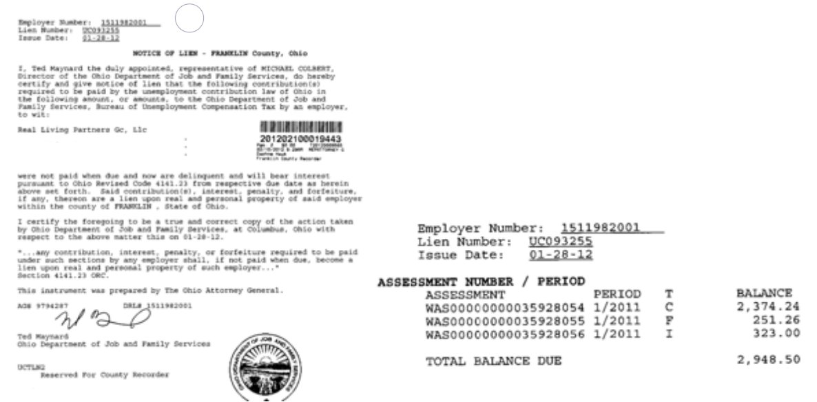A $2,948.50 BES lien recorded in February 2012 against Real Living Partners GC, LLC.