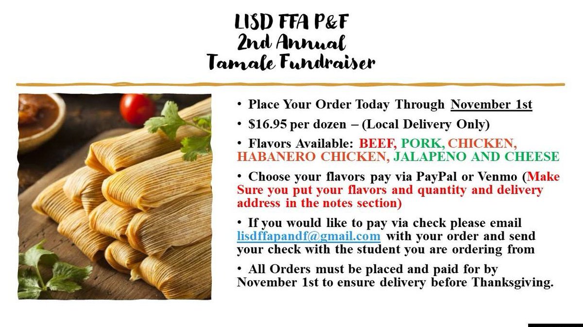 FFA_LISD_PandF's tweet photo. The Annual Tamale Fundraiser is here!!!! https://t.co/owktjRgByH