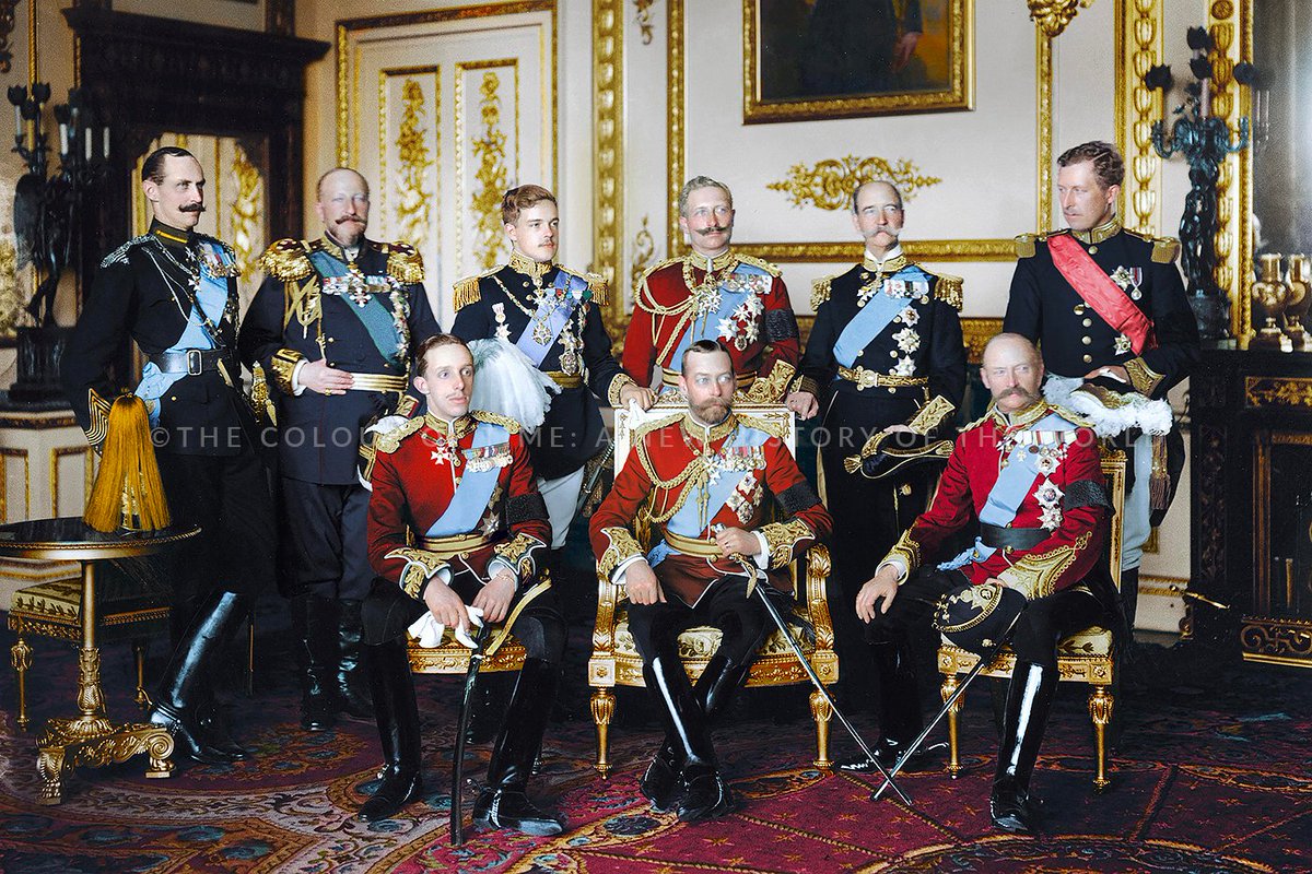This is probably the only photograph of nine reigning kings gathered in the same room ever taken. They were in London for the funeral of King Edward VII. Windsor Castle, 1910. Colorized for The Colour of Time. Read and see more in the book!