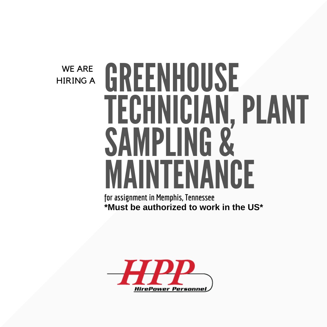 HPPStaffing's tweet image. #Wearehiring a #GreenhouseTechnician, #PlantSampling &amp;amp; Maintenance for assignment in #Memphis, #Tennessee to apply and for more information please visit the following link: portal.dynamicsats.com/JobListing/Det… #plantMaintenance #tennesseejobs #memphisjobs #joinourteam #employment #jobopenings