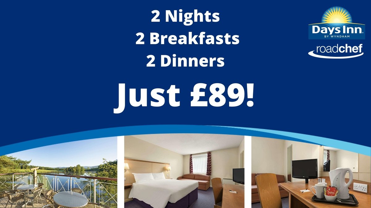 Roadchef's tweet image. Stay for TWO nights in any Days Inn hotel at Roadchef, plus get breakfast and dinner for BOTH nights for an amazing £89! We&apos;ll even throw in hot drinks for just £1 at Costa Coffee! 

Call 08442 250038 or email reservations@roadchef.com to book now and claim this offer!