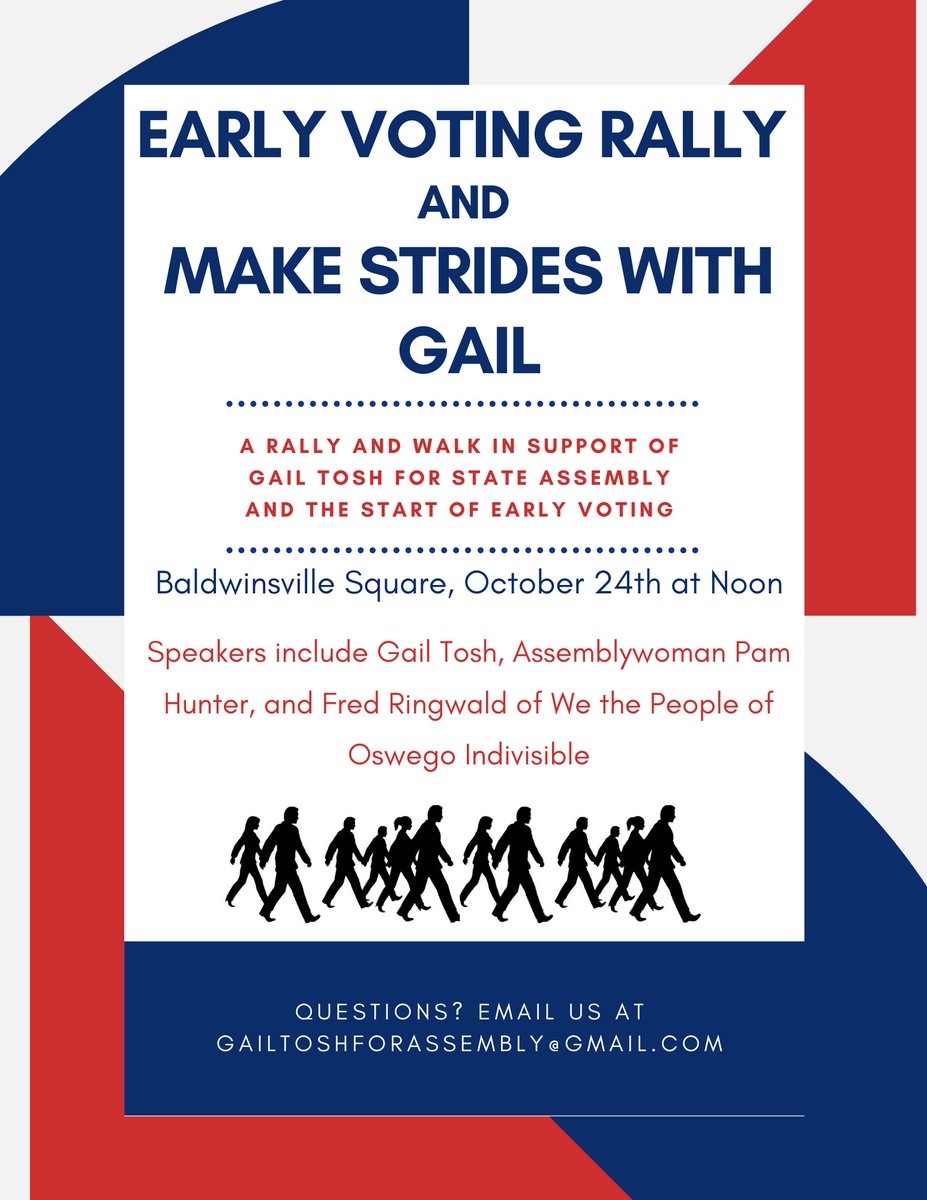 Early Voting in NY starts tomorrow! Join us in Baldwinsville Square for an early voting rally tomorrow at noon. Assemblywoman @PamelaHunter128 and Fred Ringwald of @IndivisibleOsw will be joining us and speaking about the importance of getting out the vote. Let's go!