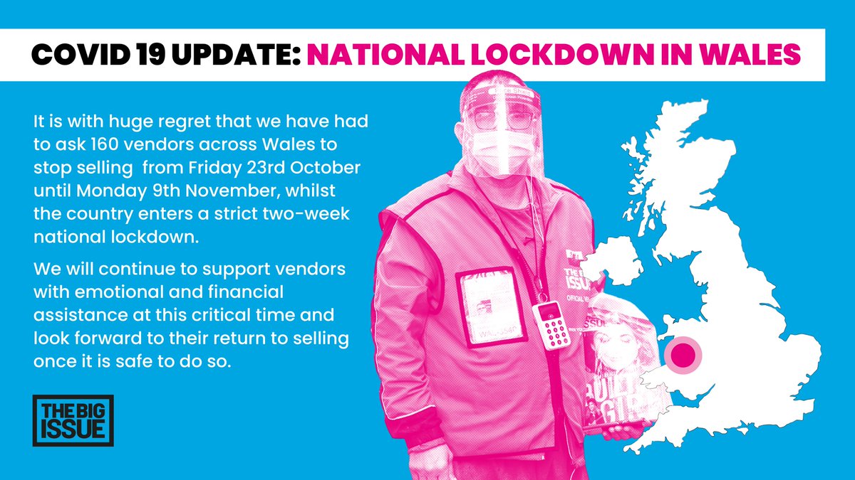 BigIssue's tweet photo. Our vendors in Wales can no longer operate from today until the lockdown is lifted. We need your support now more than eve so we can be here for our vendors both at this time and in the future.

Subscribe to the magazine today via https://t.co/nzKk6h6Bl4 

#supportbigissue https://t.co/o4lModjHXB