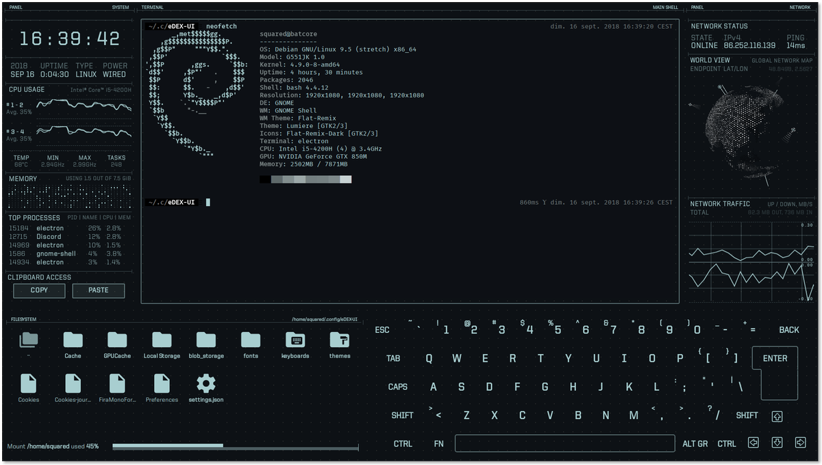francoisz's tweet photo. edex-ui: A cross-platform & customizable terminal emulator with advanced monitoring & touchscreen support. Very bad #UX, too much information on screen, distracting, low accessibility... But at least you'll feel in a science fiction movie. #FridayLink https://t.co/E6ILjiYz05 https://t.co/eZq5HJLUhc