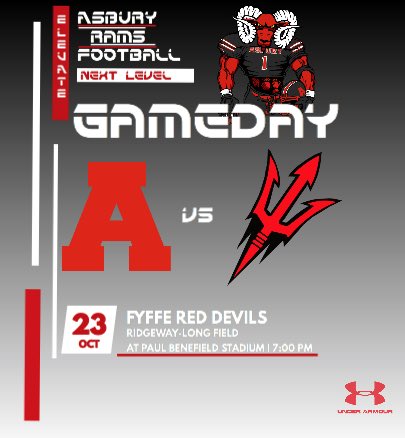 Wake up, #RamNation!! It’s Gameday!! Tonight your Rams travel to Red Devil Country as we take on Fyffe. Kickoff is slated for 7PM in Paul Benefield Stadium. Show up and Support!! <a href="/AHS_Rams/">Asbury High School</a> <a href="/AsburyHome1/">Asbury@Home</a> <a href="/Asbury_Football/">Asbury Rams Football</a> <a href="/trey__golden/">Trey Golden.</a> <a href="/FunRadio927/">Fun Radio 92.7</a>