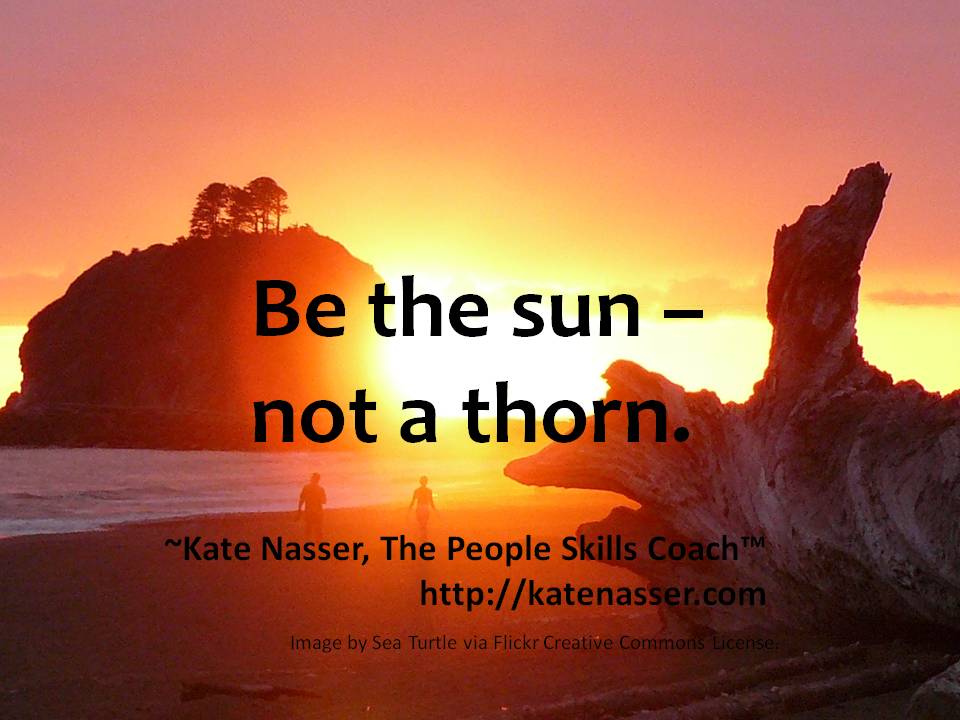 KateNasser's tweet image. &quot;Be the sun -- not a thorn.&quot; ~ Kate Nasser, The People Skills Coach™

katenasser.com/leading-morale/

#Quotes  #PeopleSkills #VirtualTeamwork #Teamwork #Leadership #LeadMorale #Positivity