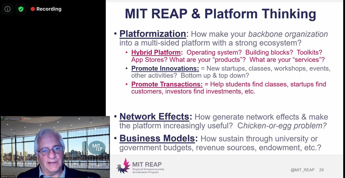 MIT_REAP's tweet photo. .@MITSloan Deputy Dean Michael Cusumano shares lessons from his book #TheBusinessofPlatforms and how they can be applied to initiatives that support &amp; accelerate local innovation ecosystems w/ @MIT_REAP Cohort 7 at the second of four global workshops along their two-year journey. https://t.co/CxSx9LA0Ck