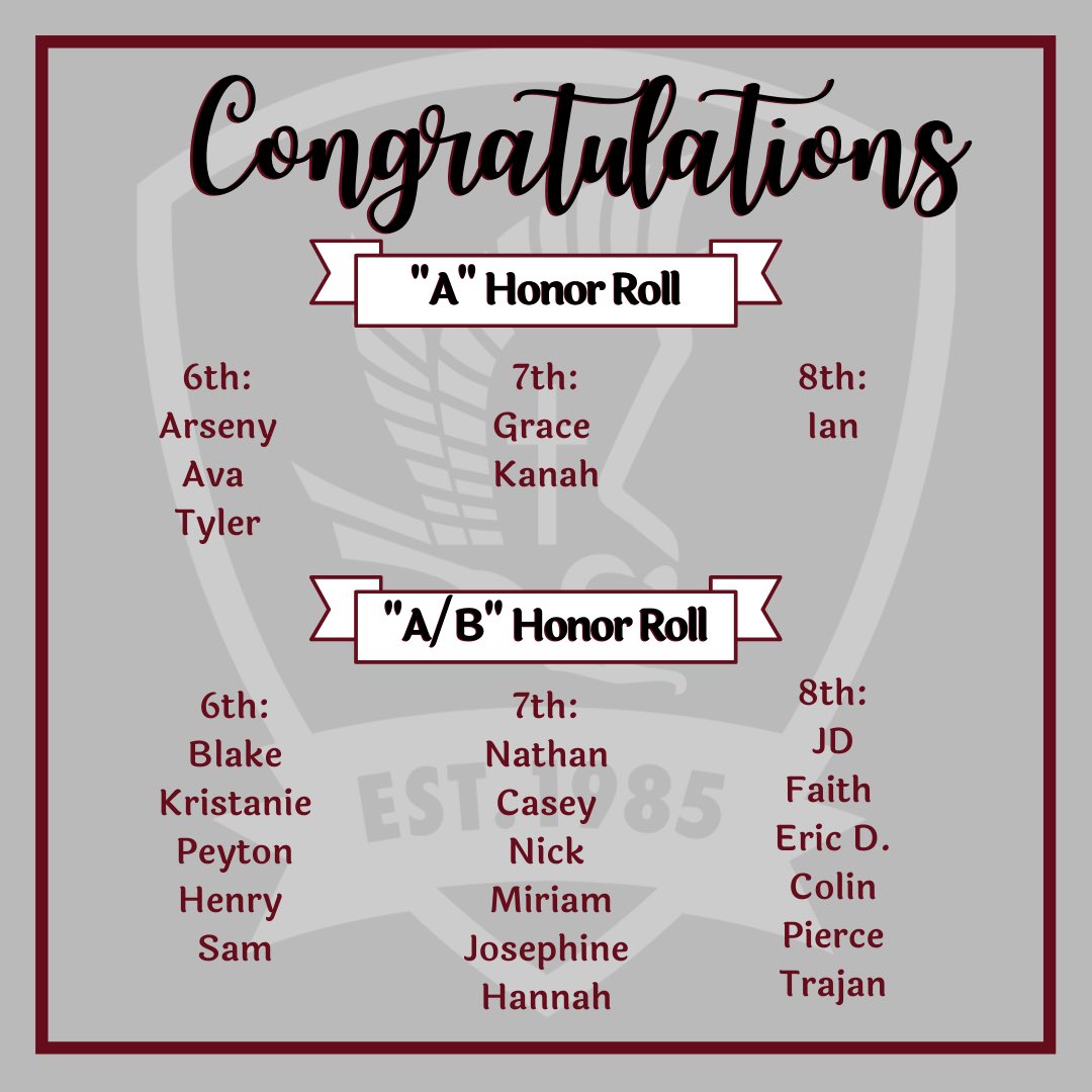 UFFalcons's tweet photo. Congratulations to all of our 1st Quarter Middle School Honor Roll Students for their academic achievements! Keep up the good work! #ufca #falconfamily #falconsmart #falconstrong #honorroll https://t.co/giHK8JNWHv