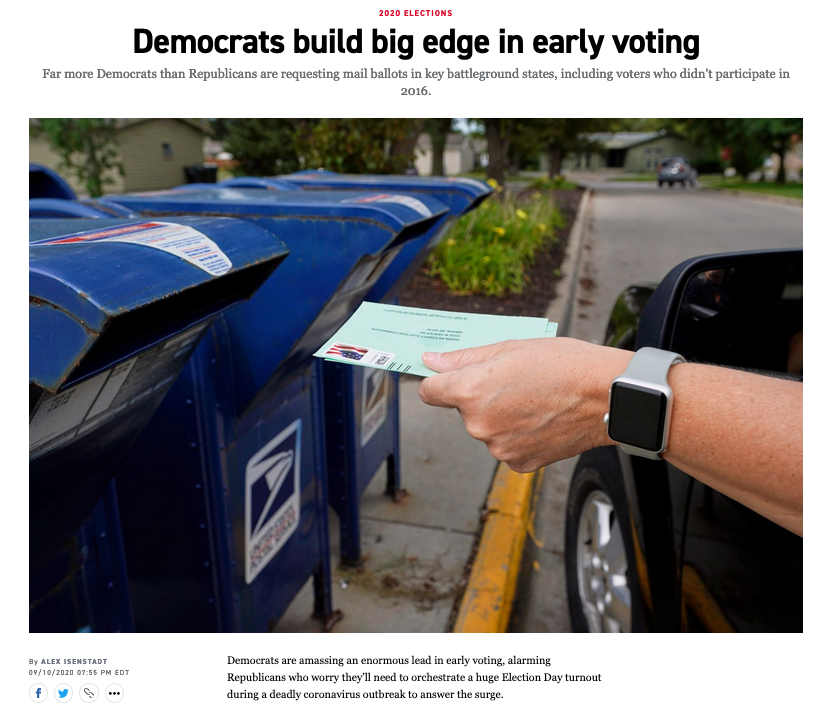 B1. Early voting: numbers favor Dems, but they did in 2016 too, and polls indicate most GOP plan to vote on Election Day. Also, early voters are usually partisans, not swing voters, who break later (again, see 2016). In short, these numbers are no guarantee of the final outcome.