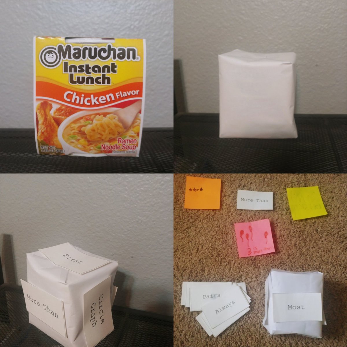 Need to review math terms? Try Big Cube Vocabulary! I made a cube out of a ramen box, stuck vocabulary words on it, tossed, and kids "drew" the words. A great way to build a math word wall! #ElemMathChat #mtbos #mathpositivemindsets #inspiremathculture