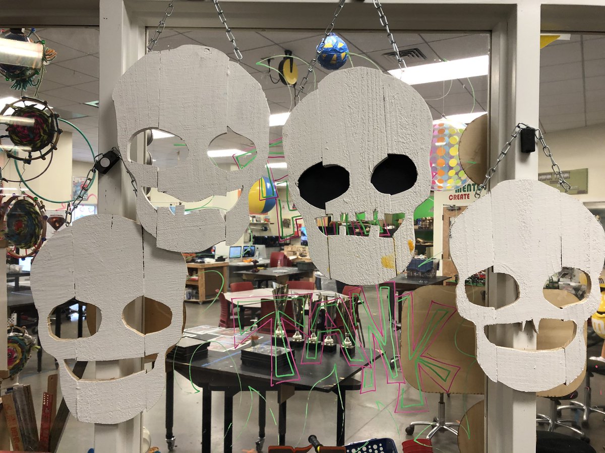 One of my fav #makerspace open lab projects of the year. Good crop of fence post skeletons ready to go home today with <a href="/CannonMiddle/">Cannon Middle School</a> students! #makered #woodworking #Halloween2020 #DIY