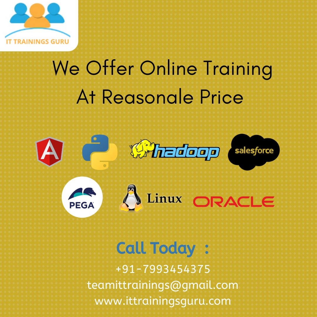 ITTrainingsGuru's tweet photo. We Offer Online Training At #Reasonable Price 

Call Today  :
+91-7993454375
teamittrainings@gmail.com
https://t.co/M6uIPsMrns

#ITTrainingsGuru #Hyderabad #ITtechnologies #onlinetraining #pega #python #Salesforce https://t.co/0bDZaVxxtc